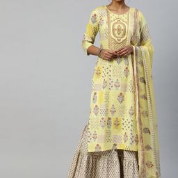 SheWill Women Yellow Floral Embroidered Gotta Patti Pure Cotton Kurta, Sharara & Dupatta-image-59