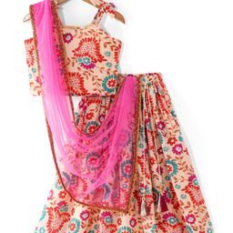 Babyhug Woven Sleeveless Choli With Foil Lehenga And Dupatta Floral Print - Pink & Brown-image-54