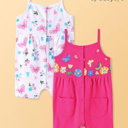 Babyoye Eco Conscious 100% Cotton With Eco Jiva Finish Sleeveless Romper Butterfly & Floral Print Pack of 2 - Pink Yellow & White-image-34