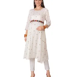Mom for sure by Ketki Dalal Three Fourth Sleeves Mirror Work Embellished Anarkali Maternity Kurta - White-picture-45