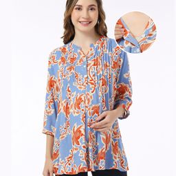 Bella Mama Viscose Woven with Pintucks Three Fourth Sleeves Maternity Top with Floral Print - Blue-image-52
