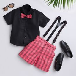 Jeet Ethnics Half Sleeves Solid Shirt With Checked Shorts Bow & Suspender Set - Red-image-12