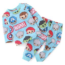 Babyhug Marvel Cotton Knit Single Jersey Full Sleeve Night Suit With Avengers Print - Blue-image-2
