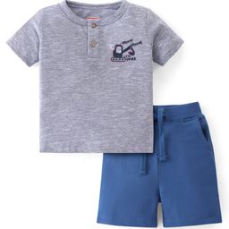 Babyhug Cotton Knit Half Sleeves Henley T-Shirt & Shorts Set With Excavator Embroidery - Blue-image-41