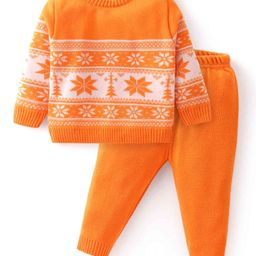 Babyhug Knit Full Sleeves Sweater Set With Floral Design - Orange-image-103