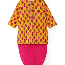 Babyhug Cotton Woven Full Sleeves Dhoti Kurta Set With Floral Print - Mustard-image-24