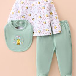 ToffyHouse 100% Cotton Knit Full Sleeves Top With Bib & Footed Leggings Set With Floral & Bees Print - Sea Green-image-94