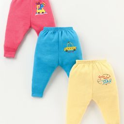 Bodycare Cotton Knit Full Length Dino Car &  Text Printed Thermal Pants Pack of 3 - Red Blue & Light Yellow-image-98