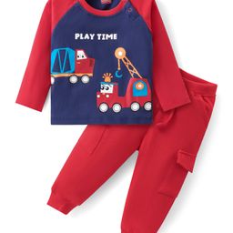 Babyhug Cotton Knit Raglan Sleeves T-Shirt & Lounge Pants Set With Vehicles Print - Red & Blue-picture-27