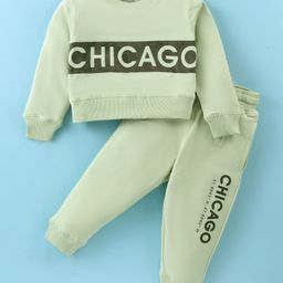 Doreme Terry Knit Full Sleeves Winter Wear Colour Block Sweatshirt & Lounge Pant with Text Print - Light Green-image-10
