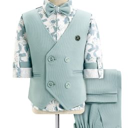 Rikidoos Full Sleeves Abstract Printed Shirt With Textured Waistcoat Pant & Bow Set - Sea Green & White-image-50