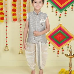 Jeet Ethnics Brocade Sleeveless Abstract Foil Printed Dhoti Kurta Set - Grey-21
