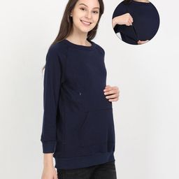 The Mom Store Cotton Full Sleeves Solid Maternity Sweatshirt With Zip Nursing Access - Navy Blue-image-58