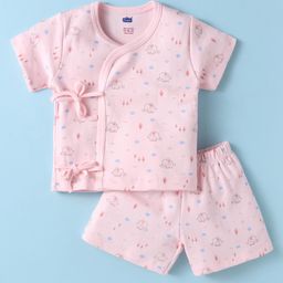 Simply Interlock Knit Half Sleeves Front Open Shorts Night Suit Elephant Print - Pink-image-65