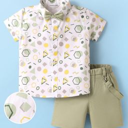 Mark & Mia Cotton Woven Half Sleeves Shirt with Shorts Set with Suspender & Bow and Geometric Print - White & Olive Green-image-90