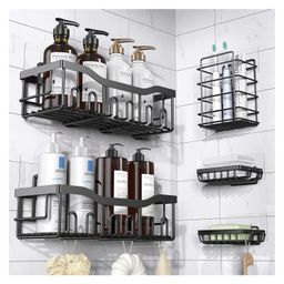 JD Fresh 5 in 1 Alloy Steel Self Adhesive Organizer Combo For Bathroom Accessories - Black-50