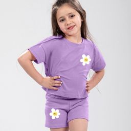 J&JP Cotton Half Sleeves Floral Printed Coordinating Tee & Shorts Set - Purple-image-90