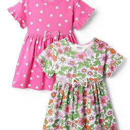 Honeyhap Premium Cotton Knit Half Sleeves Heart & Floral Printed Dresses With Bow Applique Pack of 2 - Bright White & Carmine Rose-picture-21