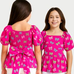 Arias Knit Half Balloon Sleeves Smocked Top with Bow Print & Applique - Pink-image-63