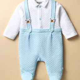 Wonderchild Full Sleeves Teddy Patch Detailed Textured Romper With Attached Suspender - Baby Blue-image-3