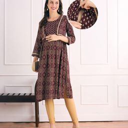 Bella Mama Woven Three Fourth Sleeves With Contrast Yoke Maternity Kurta with Floral Print - Wine-picture-15