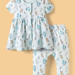 CUCUMBER Cotton Knit Half Sleeves Unicorn Printed Frocks With Legging - Light Blue-picture-15
