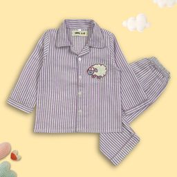 TIPPY TOP Pure Cotton Woven Full Sleeves Striped & Sheep Patch Detailed Coordinating Night Suit Set - Lavender-image-1