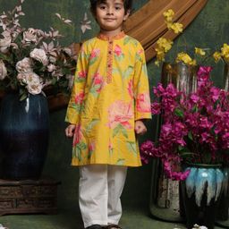 Saka Designs By Sapna Cotton Woven Full Sleeves Floral Printed Kurta Pyjama Set - Yellow-image-66