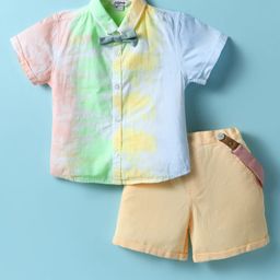 ToffyHouse Poplin Woven Half Sleeves Tie & Dye Printed Shirt & Shorts With Bow & Suspender - Multicolor-image-88