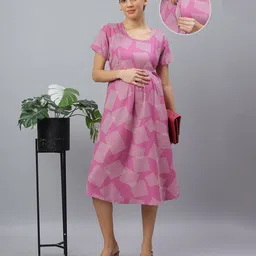 Mamma's Maternity Cotton Woven Half Sleeves Abstract Printed Maternity Night Dress With Side Concealed Zipper Nursing Access - Pink-picture-0