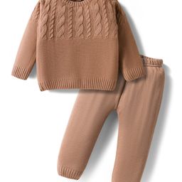 Doodle Poodle Jaquard Knit Full Sleeves Pullover Sweater Set with Cable Knit Design - Tan-picture-30