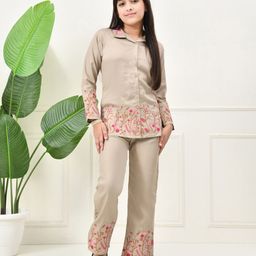 Bella Moda Cotton Woven Full Sleeves Floral Embroidered Coordinating Shirt Style Top & Pant Set - Beige-picture-35