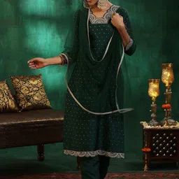 Libas Floral Embroidered Zari Straight Kurta with Trousers & Dupatta-12