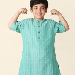 Fabindia Green Cotton Dobby Long Kurta-image-14