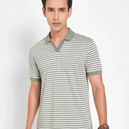 Peregrine By Pantaloons Green Cotton Slim Fit Striped Polo T-Shirt-picture-44