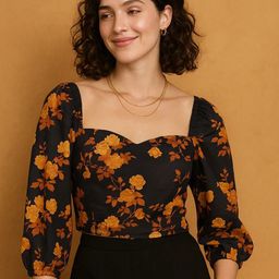 Mast & Harbour Women Floral Printed Sweetheart Neck Puff Sleeve Fitted Crop Top-picture-19