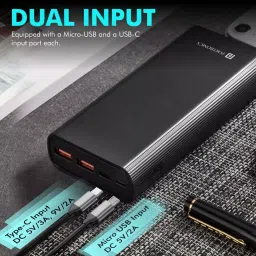Portronics POR 1224 20000 mAh Black Power Bank with Dual Input (Type C + Micro USB) & Triple Output Fast Charging, 18 W with QC 3.0 & Type-C PD Type-C Cable Included -Black image 2