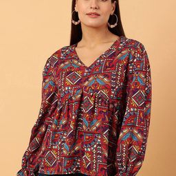 NEESH Women Ethnic Motifs Printed Gathered or Pleated V-Neck Top-image-13