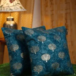 Hosta Homes Golden Foil Embellished Blue Velvet Cushion Cover - Set of 2-image-91
