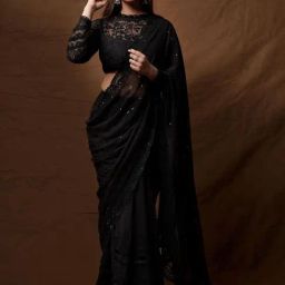 Satrani Black Embroidered Saree With Unstitched Blouse-image-6