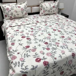 Pure Decor White & Pink Floral Polycotton 4 Piece Double King Fine Bedding Set-20