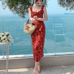 StyleCast Floral Printed Slits Sweetheart Neck A-Line Midi Dress-image-97