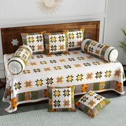 Myntra Elegant Homes White & Green 8-Pcs Printed Pure Cotton Diwan Set-38