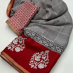 STAVA CREATION Ajrak Block Pure Cotton Chanderi Saree image 5