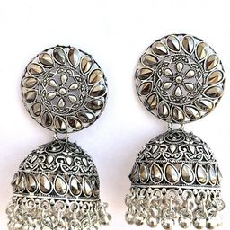 JollyStar Silver Plated Cubic Zirconia Studded & Beaded Dome Shaped Oxidized Jhumkas-5
