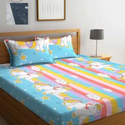 Klotthe Printed Sky Blue 210 TC Cotton Blend Double 2 Bed Sheets with 4 Pillow Covers-image-86