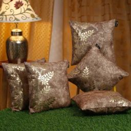 Hosta Homes Golden Foil Embellished Brown Velvet Cushion Cover - Set of 5-image-72