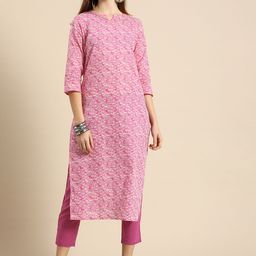 Anouk Women Pink Printed Regular Pure Cotton Kurta with Trousers-picture-47