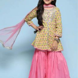 BIBA Girls Kids Yellow & Pink Cotton Printed Kurta Set-image-50