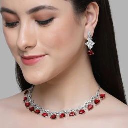 Karatcart Silver Tone Red Triangular Shape Cubic Zirconia Necklace Set for Women-1